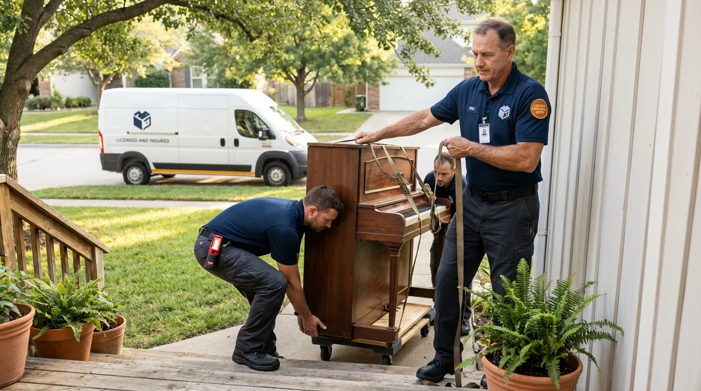 Licensed piano movers securing grand piano in Spencer, OK