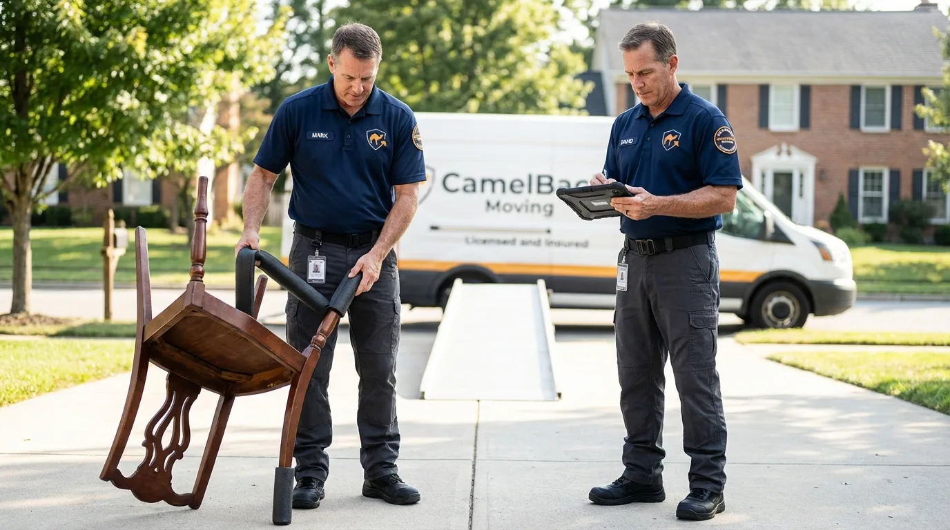 Movers inspecting furniture for damage prevention before loading in Spencer, OK